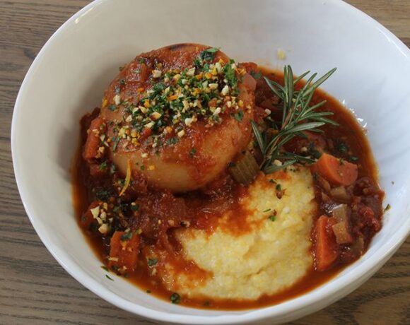 Turnip Osso Bucco with Creamy Polenta and Pistachio Gremolata
